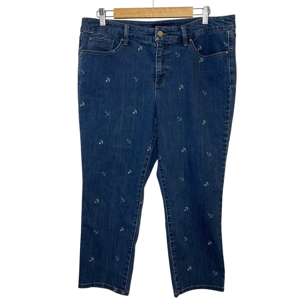 Charter Club Womens Denim Jeans Anchor Print‎ Capri Nautical Blue Casual Size 14